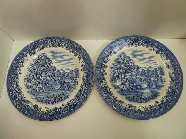 2 Churchill Pottery China Blue Willow Farm Workers Rural Scene Dinner Plates