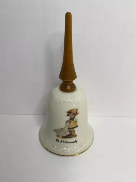 MJ Hummel Goose Girl Bell With Wooden Handle And Gold Trim