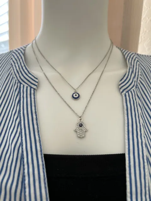 Stylish Silver & Blue Evil Eye Layered Necklace -Trendy Multi-Chain Necklace