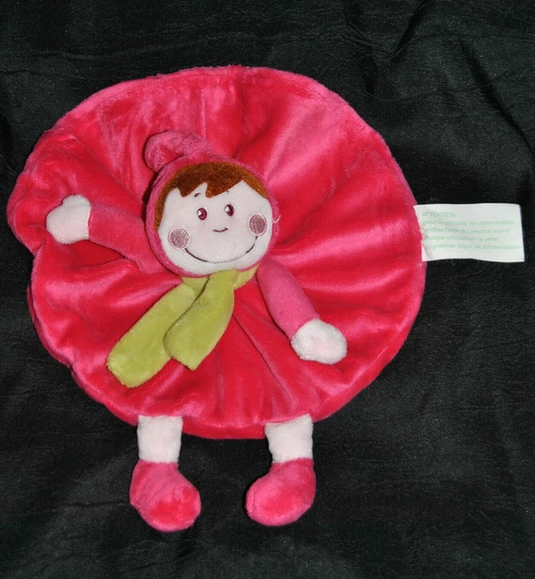 Doudou Plat Poupée KIMBALOO La Halle Lutin Fille Rond Rose Echarpe Vert Com9