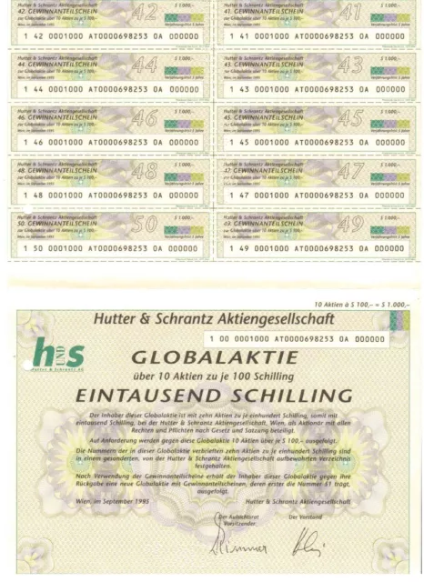 Hutter & Schrantz AG Wien 1995    Globalaktie   1000 Schilling