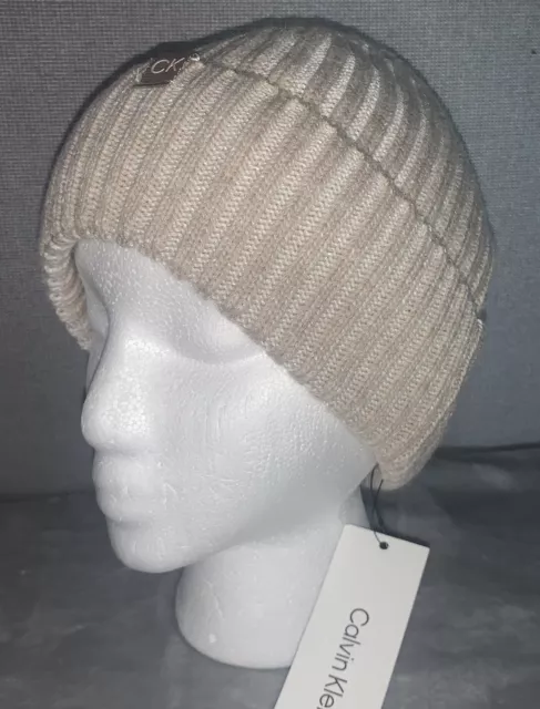 CALVIN KLEIN Ribbed Knit Beanie Hat A1KH6762 HTHRD Almond Linned One Size New