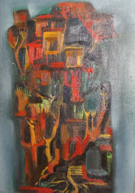 Vintage expressionist oil painting cityscape signed