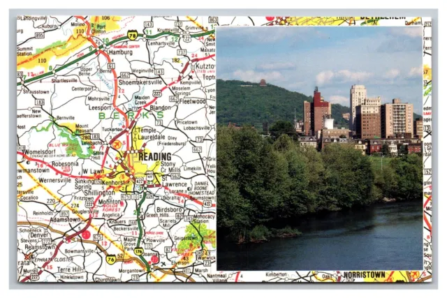 Reading PA Pennsylvania Map Inset Aerial Skyline View Chrome Postcard