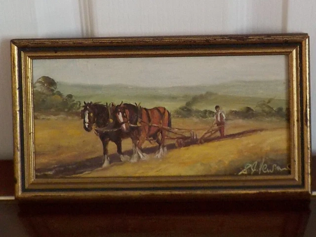 ANTIQUE OIL PAINTING On Board Horse Ploughing Pastoral Landscape ...