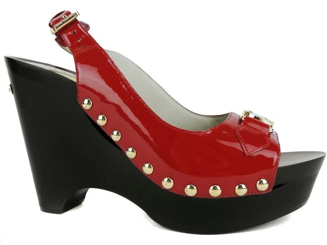 NEW MICHAEL KORS Charm Sling Platform Pumps wedge patent red leather gold  stud $ - PicClick