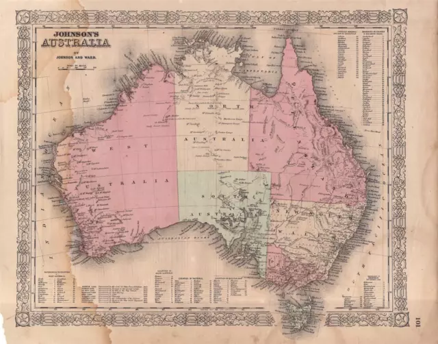 1866 Antique Johnson Atlas Map Of Australia-Hand Colored