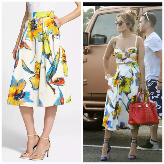 NWT $450 Milly New York 'Luna' Floral Print Pleated Midi Skirt US 0 SEEN ON JLO