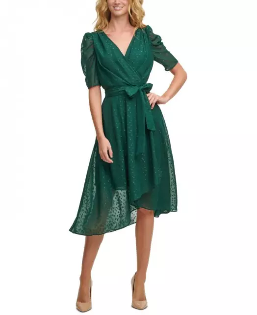 New $139 Tommy Hilfiger Women's Midi Short Sleeve V-Neck Fit & Flare Dress A2891