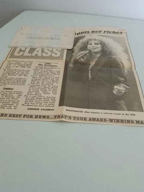 Cher Used Concert Ticket And Newspaper Clipping Vintage 1992 NEC Birmingham