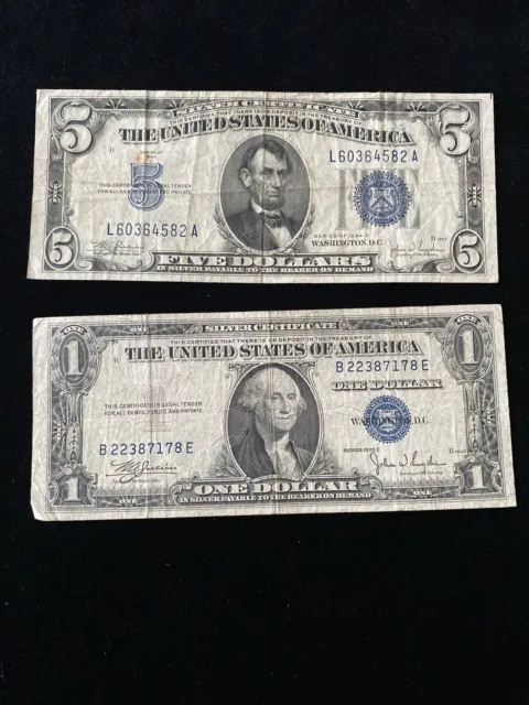 ✯RARE✯ Lot Pair $1 1935-1957, $5 1934 Blue Seal Silver Certificate Note Old Bill 2
