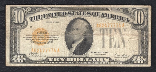 Fr. 2400 1928 $10 Ten Dollars Gold Certificate U.s. Currency Note Very Fine