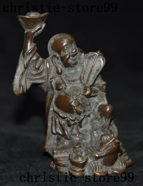 old China bronze carving Feng Shui wealth lucky happy Maitreya Buddha statue