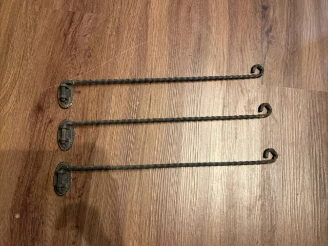 Lot Set Of 3 Antique Vintage Iron Hanging Planter Swinging  Arm Hooks & Brackets