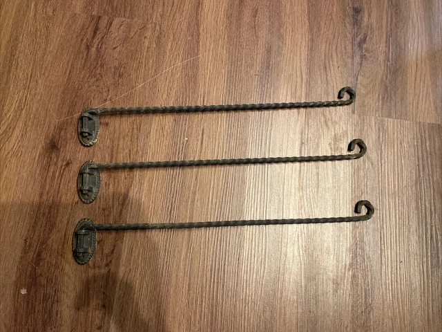 Lot Set Of 3 Antique Vintage Iron Hanging Planter Swinging  Arm Hooks & Brackets
