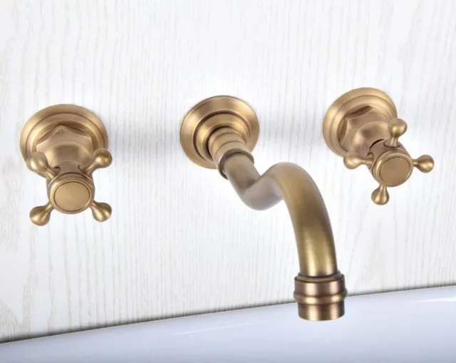 Wall Mount Bathroom Basin Antique Brass Sink Tub Faucet Dual Handle Mixer Tap
