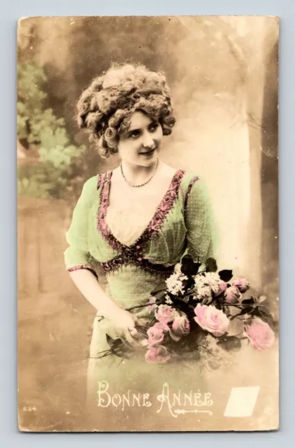 Beautiful French Lady Hand Painted with Flowers Early 1900's Happy New Year RPPC