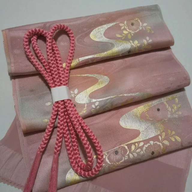 OBIJIME & OBIAGE Set Silk Pink Gold Japanese Kimono Houmongi