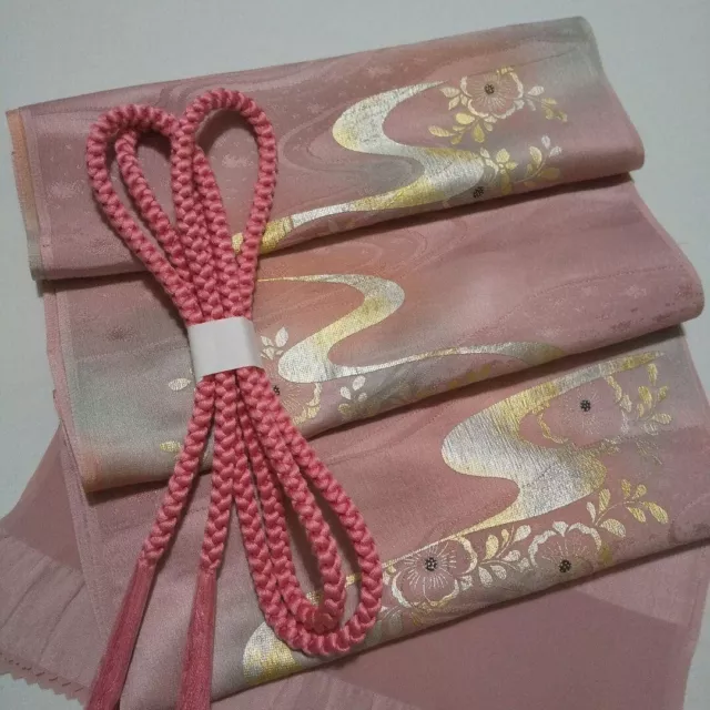 OBIJIME & OBIAGE Set Silk Pink Gold Japanese Kimono Houmongi