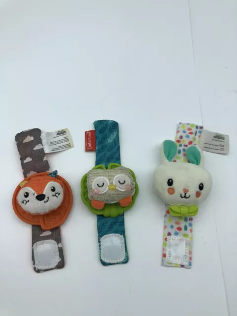 Infantino Wrist Rattles fox owl bunny rabbit See Play Go Ankle Rattle lot of 3