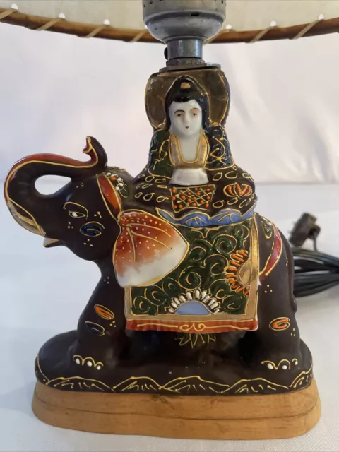 Vintage Elephant Table Lamp Ornate Moriage Porcelain Satsuma Buddha Riding 2