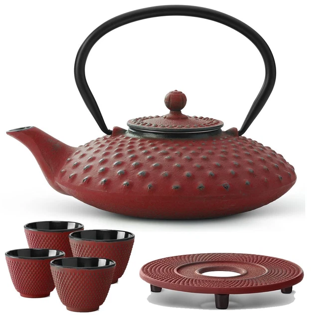 Asia Tee Set Teekanne Teesieb 4 Becher Stövchen Teeservice Gußeisen rot 0,8 L