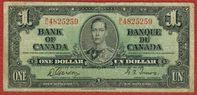 Bank Of Canada 1937 Gordon-Towers $1 Wide Signature Panel S/N R/L 4825259 Circ.