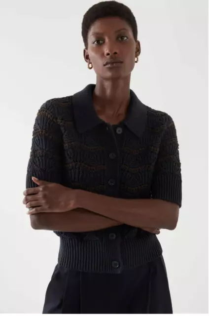COS Pointelle-Knit Crochet Cotton Short Sleeve Cardigan Shirt Top Size XS
