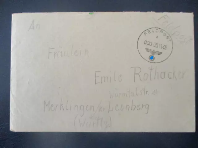 (X1481) Feldpost Umschlag mit Kenn-Nr. "000" 1943 nach Merklingen