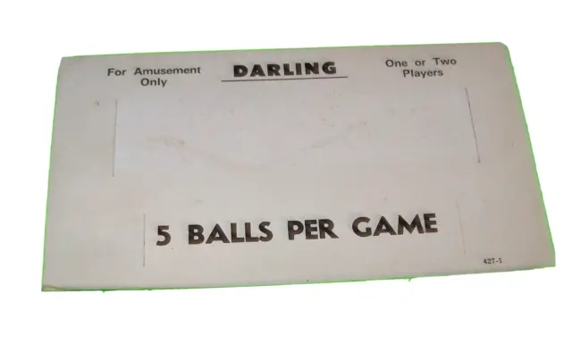 Darling Original Vintage Pinball Machine Double Sided Card 1973