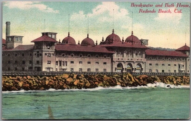 Vintage 1910 REDONDO BEACH, California Postcard "Breakwater and Bath House" RPO