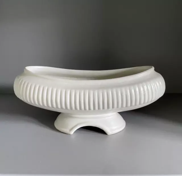 Dartmouth Pottery white satin glaze, ribbed boat shape mantle vase c. 1950s