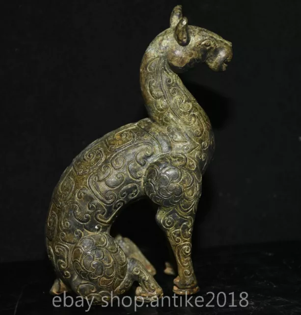 4.8" Rare Old Chinese Bronze Ware Dynasty Palace Horse Beast Flower Statue