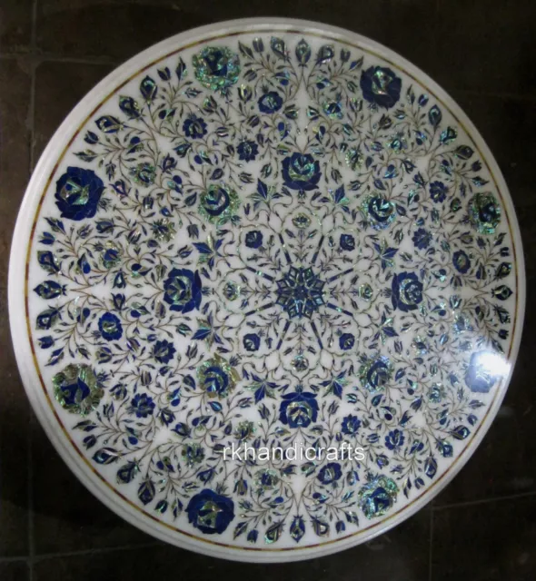 76.2cm Café Table Haut Lapis Lazuli Pierre Inlay Travail Marbre Blanc D'Appoint