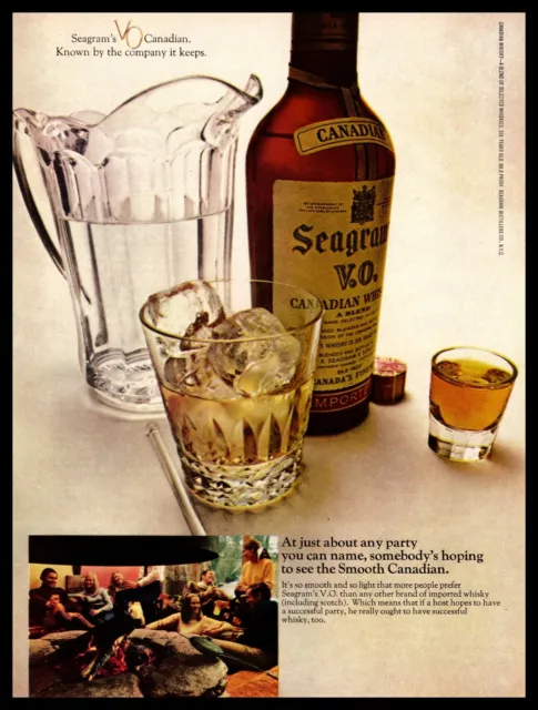 1969 Seagram's V. O. Canadian Whisky Snow Ski Lodge Fireplace Vintage Print Ad