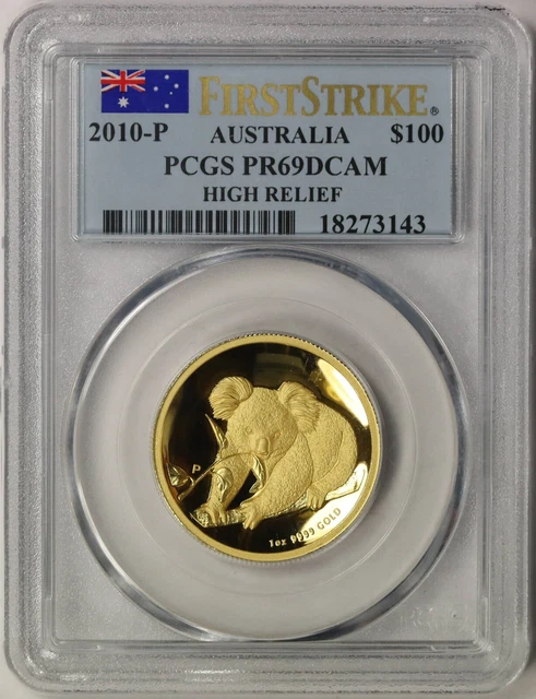 2010-P Australia Koala High Relief Gold $100 PR 69 DCAM PCGS 1 oz. First Strike 2010-P Australia Koala High Relief Gold $100 PR 69 DCAM PCGS 1 oz. First Strike