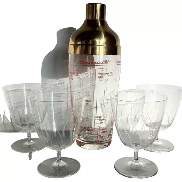 SHAKER 50er 60er Cocktailshaker Glas Messing H 24 cm 4 Gläser beschliffen