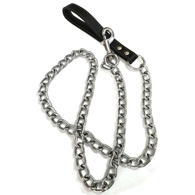 Cadena de metal duradera segura y cómoda para perro con mango de cuero negra