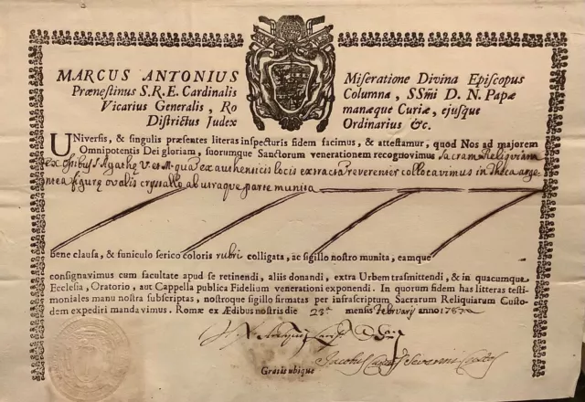 Certificato reliquia 1787 attestazione autenticità ex ossibus S.Agata (Catania)