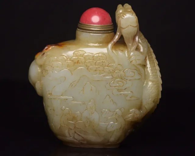 Chinese Exquisite Handmade dragon carving Hetian Jade Snuff Bottle