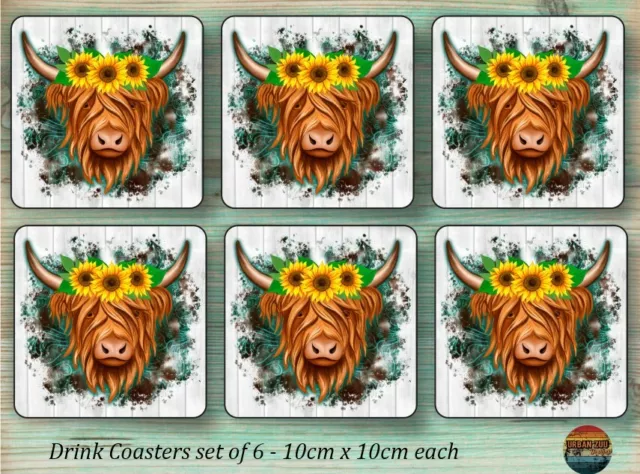 Highland Cow Coasters - Neoprene Drink Coasters set of 6 Gift Idea