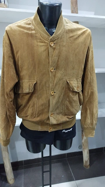 Veste En Cuir Vintage Militaire Vert - Taille 52 Homme - Occasion Très Bon état - Style Court Années 70