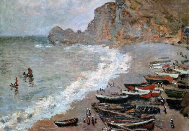 Art Oil painting Claude Monet - The Beach and Cliffs of Amont at Etretat canoes