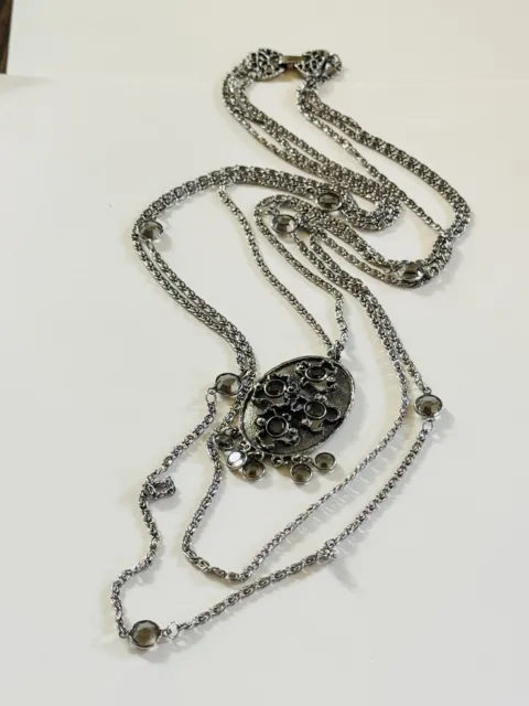 Goldette Necklace Signed Silver Multi Chain Open Bezel Crystal Victorian Style