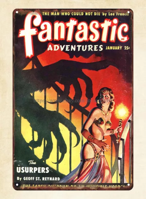 Fantastic Adventures enero de 1950 cubierta de pulpa arte metal letrero de estaño tiendas de cabaña