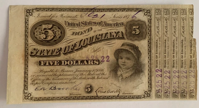 1876 State of Louisiana - Five Dollar $5 - Bond 