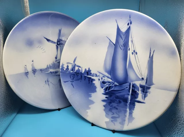 2 Large German Blue & White Wall, Display Plates of Dutch scenes, Appr.30.5cm