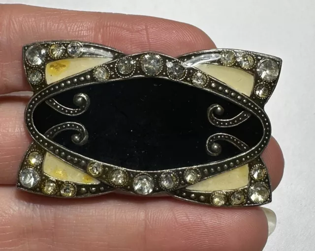 Rétro Vintage Art Déco Style Noir Crème Émail Argent Strass Broche 3g 3.7