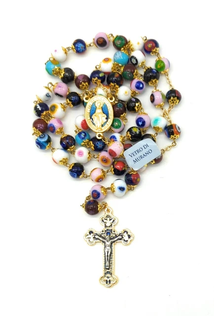 Chapelet Catholique Femme Perles Verre 6mm Bleu Avec Crucifix Et Médaille Notre-Dame De Lourdes - Sac Velours
