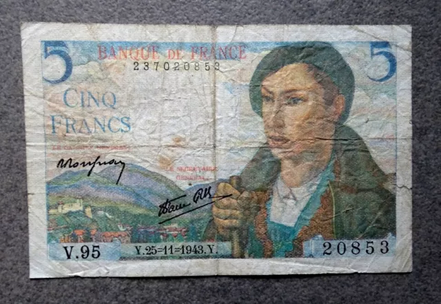 (FR1), Billet de Banque ,  5 Francs, ( Le Berger ) , Année : 1943. 2